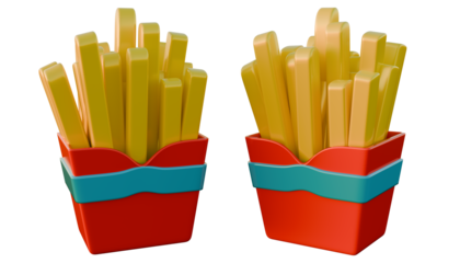 3D render of french fries in red and blue boxes with smooth plastic texture, bright lighting, and cartoon style — perfect for food branding, advertising, and digital illustration.