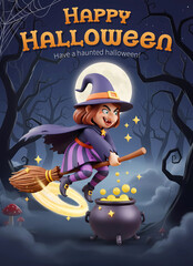 3D cartoon scary witch flying on broomstick at dark forest Happy Halloween poster