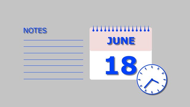 June 18 Calendar royal blue color 4k illustration, with Free for Notes and Writing element. Light gray background 4k illustration.
