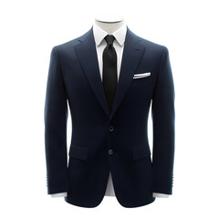 Dark blue business jacket with white shirt and black tie isolated on transparent background