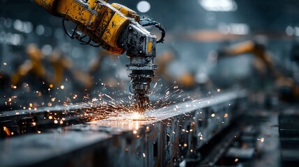 Precision at work with robotic welding arm cutting through metal, sparks flying in a dynamic industrial setting, perfect for showcasing innovation and manufacturing technology solutions