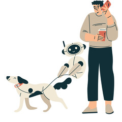 Modern Man Talking On Phone Holding Coffee Cup While Robot Walks Dalmatian Dog On Transparent Background