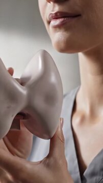 Woman Examines Thyroid Model in Medical Setting to Study Endocrine System Anatomy and Potential Disorders for Health Awareness Campaigns and Educational Materials Close Up