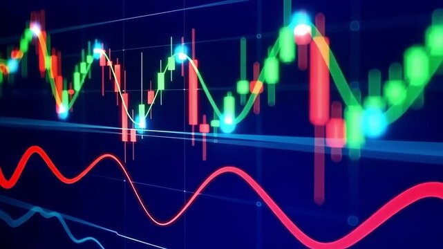 A colorful candlestick chart stock market finance trading investment volatility data analysis trend growth risk sentiment pulse with glowing lines dynamic movement dark screen finance stock market