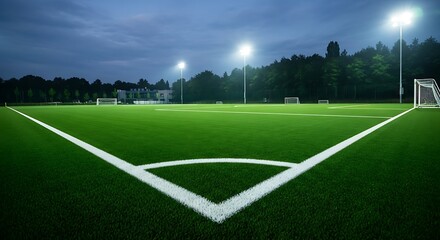 Fototapeta premium Empty soccer field at dusk with bright stadium lights illuminating the scene