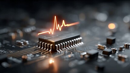 Stunning close-up of a microchip with an illuminated heartbeat graphic, symbolizing technology's vital role in health and innovation, perfect for science and medical themes