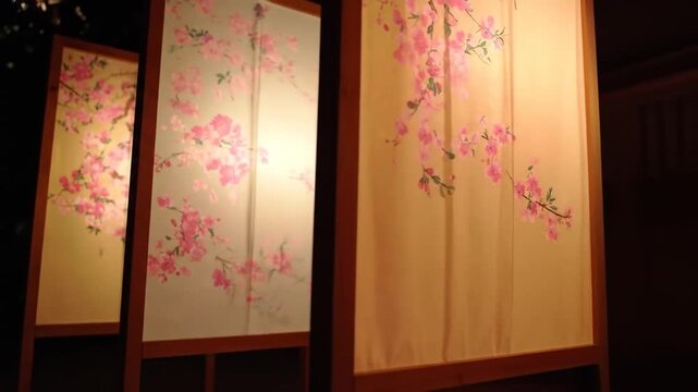 Three decorative illuminated panels featuring floral patterns and wooden frames in a dim environment