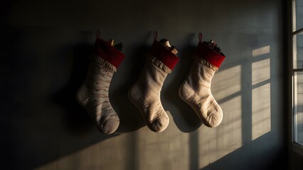 Wool Christmas stockings hanging on a dark concrete wall dramatically illuminated by low evening window light. Holiday concept