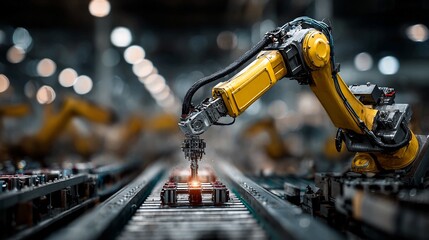 Modern robotic arm precision manufacturing in advanced automated factory, a vision of efficiency and innovation, showcasing cutting-edge technology and industrial automation