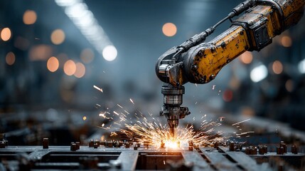Witness precision manufacturing with a robotic arm welding metal, sparks flying in a modern factory, showcasing industrial automation and advanced technology processes