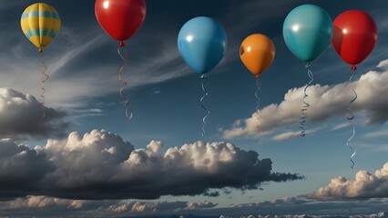 A group of vibrant multi-colored helium balloons with curling ribbons ascending into a dramatic cloudy blue sky background above the horizon. Celebration concept