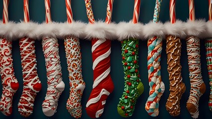 A whimsical collection of edible christmas stockings and various decorative shapes crafted entirely from gingerbread and holiday candy. Holiday concept