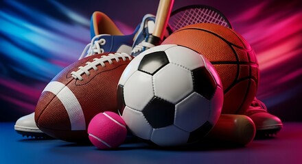 A vibrant collection of various sports equipment against a neon backdrop