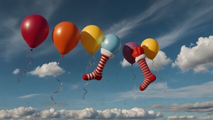 Whimsical image of brightly colored striped stockings attached to helium balloons floating playfully high in a partly cloudy blue sky. Abstract concept