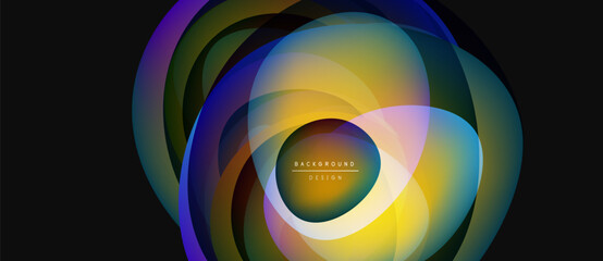 Fototapeta premium Abstract colorful layers create dynamic circular design. Gradient hues blend, forming modern background element. Text reads background design.