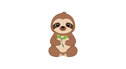 Naklejka premium A cute cartoon baby sloth holding a green leaf with its tiny paws and looking forward with a gentle smile.