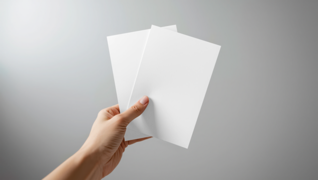 Transparent hand holding two blank white paper sheets  mockup for your design mockup