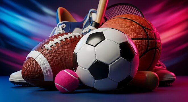 A vibrant collection of various sports equipment against a neon backdrop