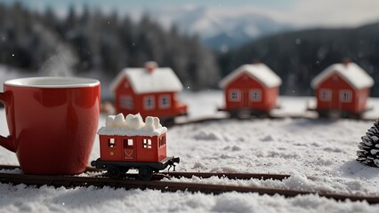 A delightful miniature toy train circling a large red mug filled with white marshmallows in a magical snowy winter diorama. Holiday concept
