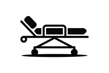 A black and white illustration of a hospital gurney with a pillow and mattress