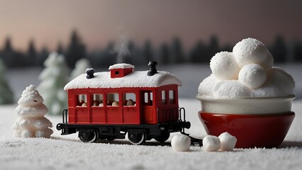 A delightful miniature toy train circling a large red mug filled with white marshmallows in a magical snowy winter diorama. Holiday concept