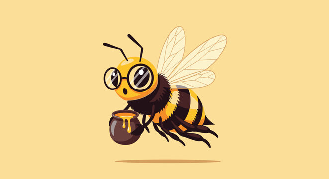 An adorable pixel art bee with glasses flies carrying a pot of honey.