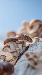 Shiitake Mushrooms Growing on Log, CloseUp View, Against Blue Sky