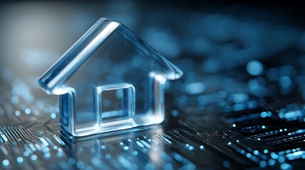 Smart Home Automation Crystal House on Electronic Circuit Board, Blue Hue