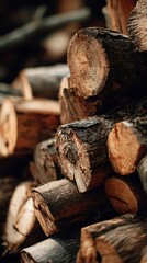 Stacked Firewood CloseUp with Visible Growth Rings and Bark Detail