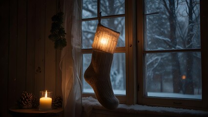 Cozy woolen Christmas stocking hanging by a rustic window illuminated by a warm candle with a view of a snowy winter forest outside. Holiday concept