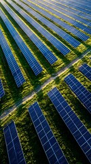 Solar Panel Farm Aerial View with Sunlight Reflecting on the Green Grass Below