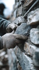 Stone Mason Laying Stone Wall with Mortar and Gloves Close Up View