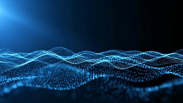 Abstract blue dot wave on dark background, representing digital data visualization, technology, artificial intelligence, and connectivity Futuristic dynamic particle mesh landscape with lens flare