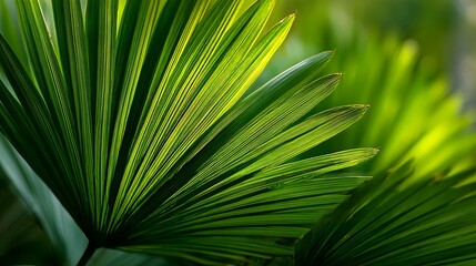 Sunlit Green Palm Leaf CloseUp with Striking Lines and Texture