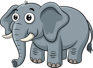 Cute cartoon elephant illustration, friendly gray animal character with tusks, adorable wildlife drawing for kids, educational animal clipart design