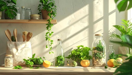 Sunny kitchen with greenery and fresh produce