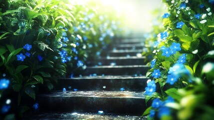 Sunlit stone stairs are bordered by flourishing green foliage and vibrant blue flowers around them
