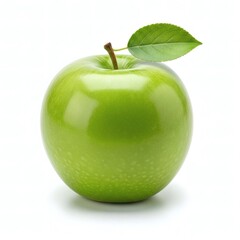 A single fresh and shiny green apple with a leaf and stem, perfectly ripe and isolated on a clean white background, symbolizing health and nature