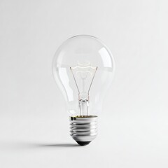 A single transparent incandescent light bulb with a visible tungsten filament, representing a brilliant idea, innovation, and creative energy, isolated on a clean white background