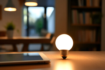 Table showcases a glowing light bulb near the tablet within a serene setting