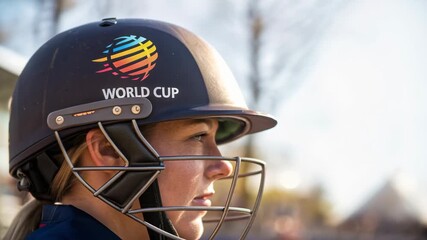 Focused Woman Athlete in Cricket Helmet Competes in World Cup Match Intense Sports Competition Highlights - Powered by Adobe