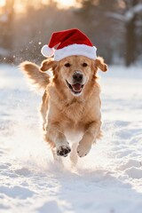 Golden retriever wearing Santa hat runs through snowy field at sunset, joyful holiday pet portrait with flying snow and warm backlight. Christmas concept