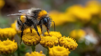 Macro bumblebee collecting nectar and pollen on yellow flowers, detailed fuzzy insect closeup with sparkling dew, vibrant nature background, shallow depth of field.