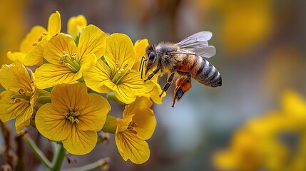 Close-up of a honeybee hovering near vibrant yellow flowers, showcasing intricate details of the insect's wings and body, emphasizing the beauty of nature and the importance of pollination