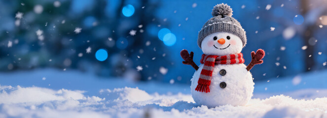 Cheerful snowman with knit hat and red scarf in falling snow, blue bokeh background. Festive winter holiday scene, cute outdoors. Long wide banner. Christmas concept