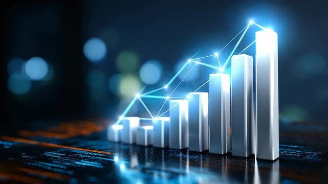 3d bar chart with upward trend line showing business growth and success