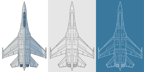 Set shenyang J16 military aircraft design in blueprint, lineart and colored style from top view. Vector illustrations colorful fourth gen fighter jet. China 4.5 generation warplane.
