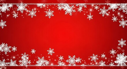 A festive red background framed with white snowflakes and sparkling lights.