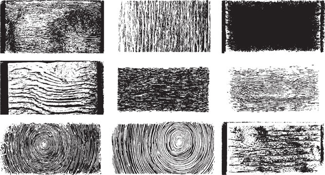 Black and white abstract textures depicting various wood grain patterns and tree rings.