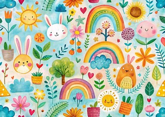 Whimsical watercolor pattern featuring cute easter bunnies rainbows sunflowers and spring flowers